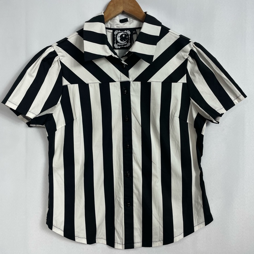 Black & White Striped Short Sleeve Button-Up Top